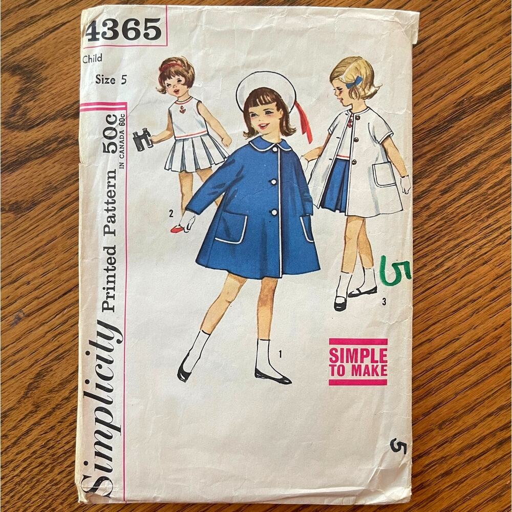 Vintage 1960s Simplicity 4365 Sewing Pattern Toddler 5T Coat Skirt Top COMPLETE
